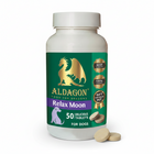 A white plastic bottle of Aldagon Relax Moon pet supplements for dogs, featuring a green label with a gold dragon logo and purple text.
