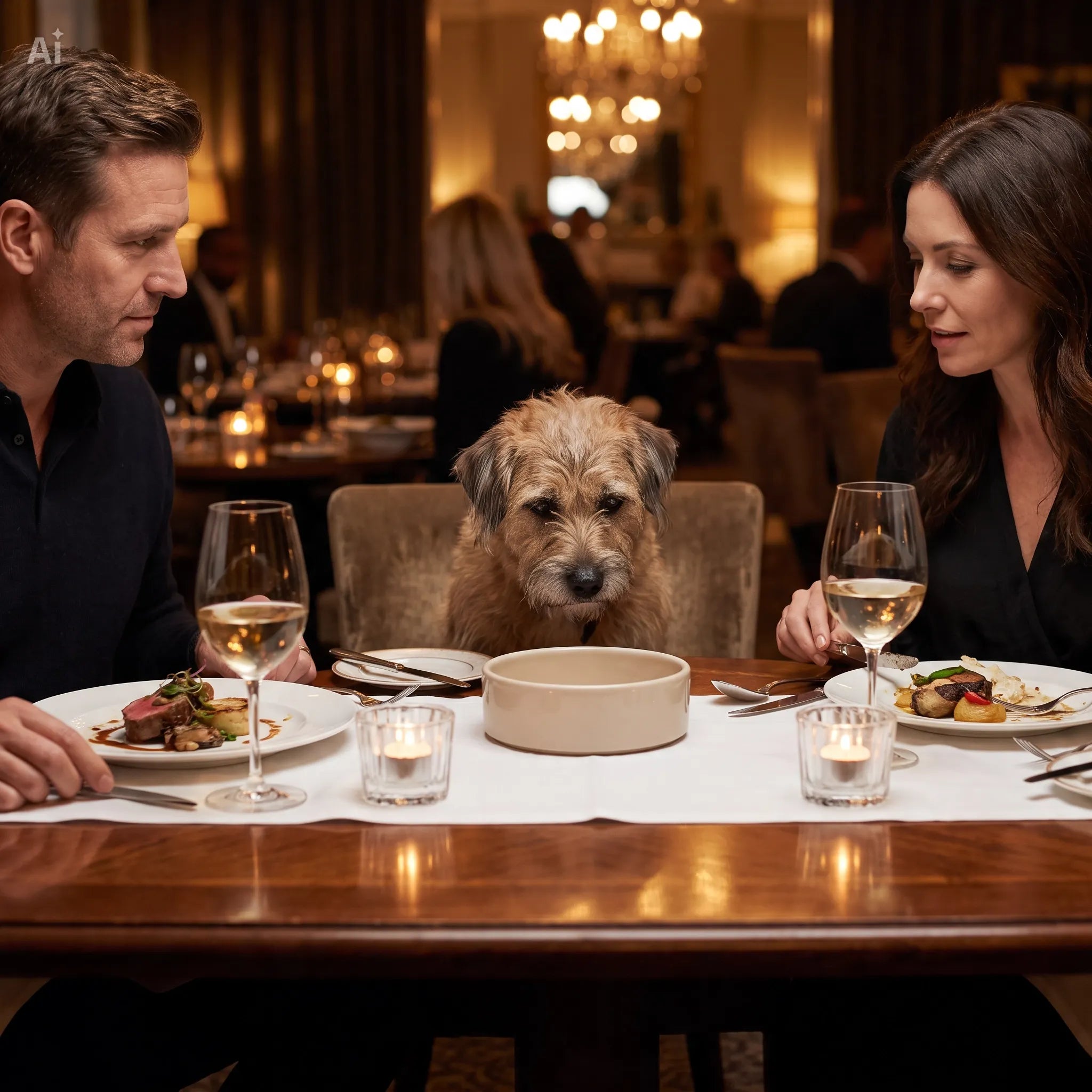Câine melancolic la masa unui restaurant elegant, cu un bol gol în față
