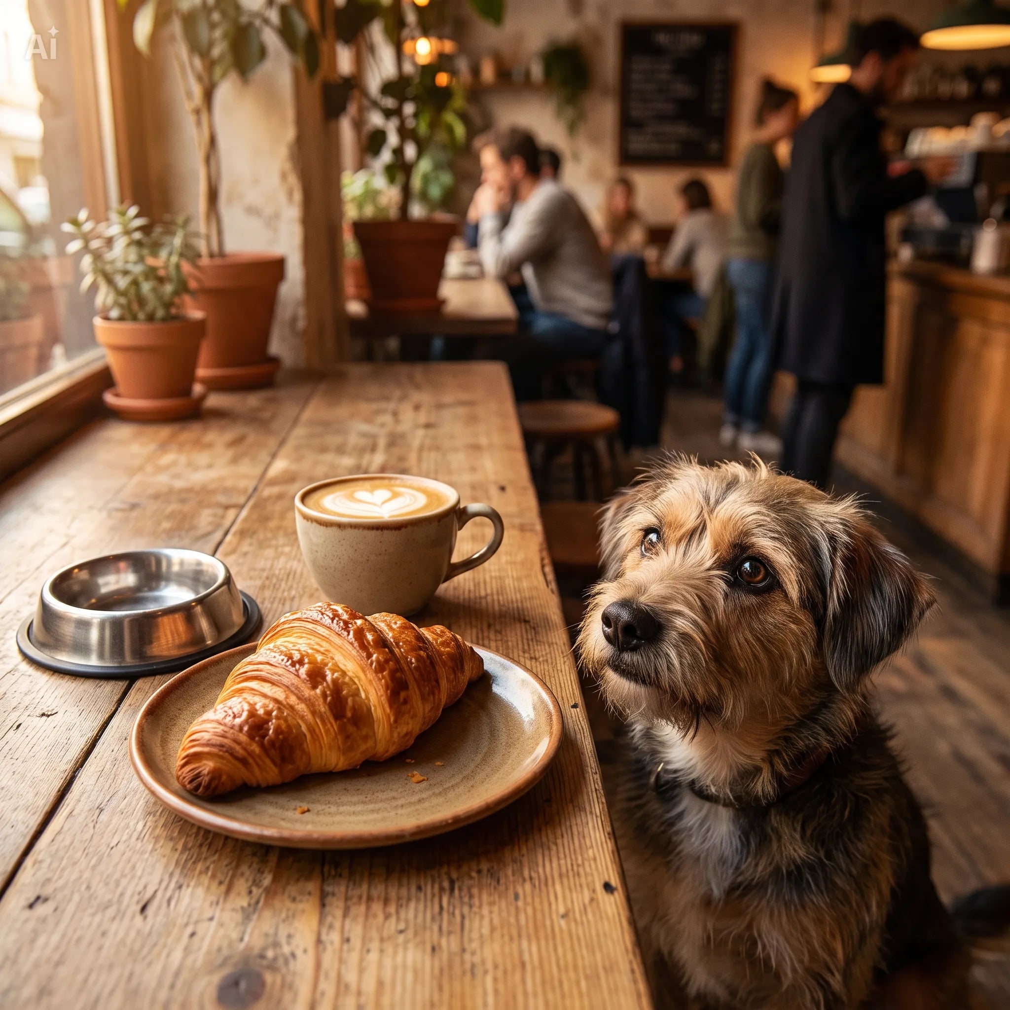 Câine cu privire tristă la o masă de cafenea cu cappuccino și croissant